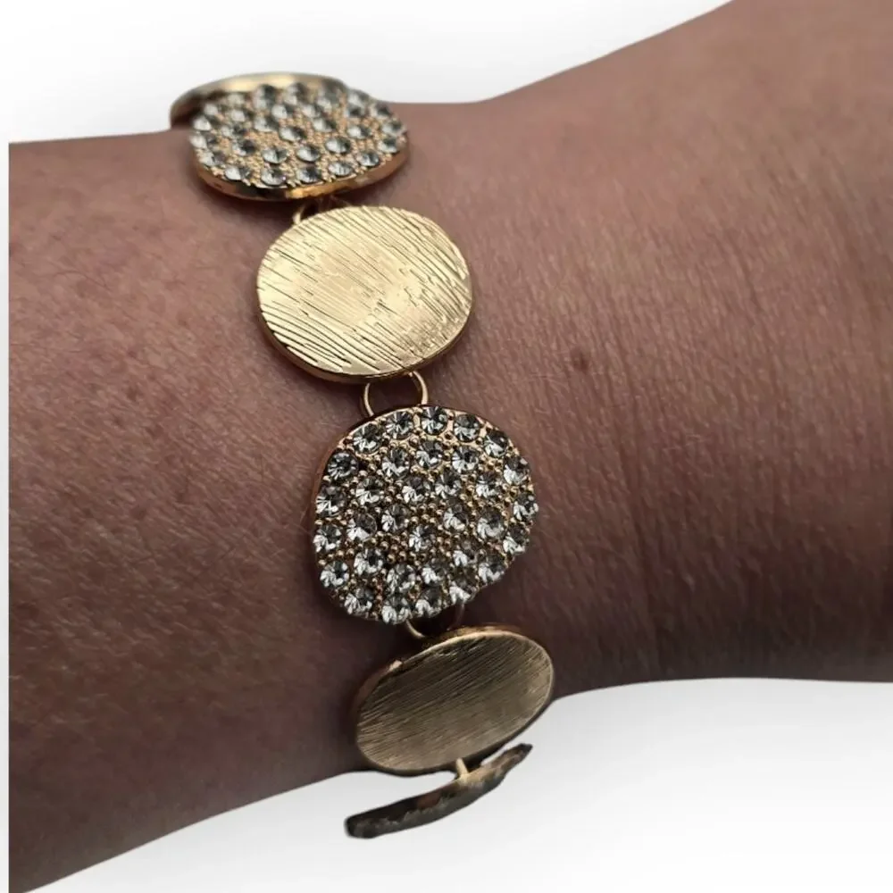 Gold Disc Bracelet with Pavé Rhinestone Stations – Textured Modern Chic